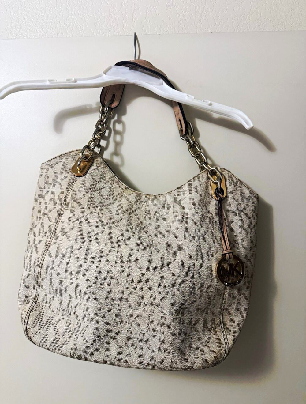Michael Kors Beige Monogram Crescent Shoulder Bag Chain Strap MK Charm Gold